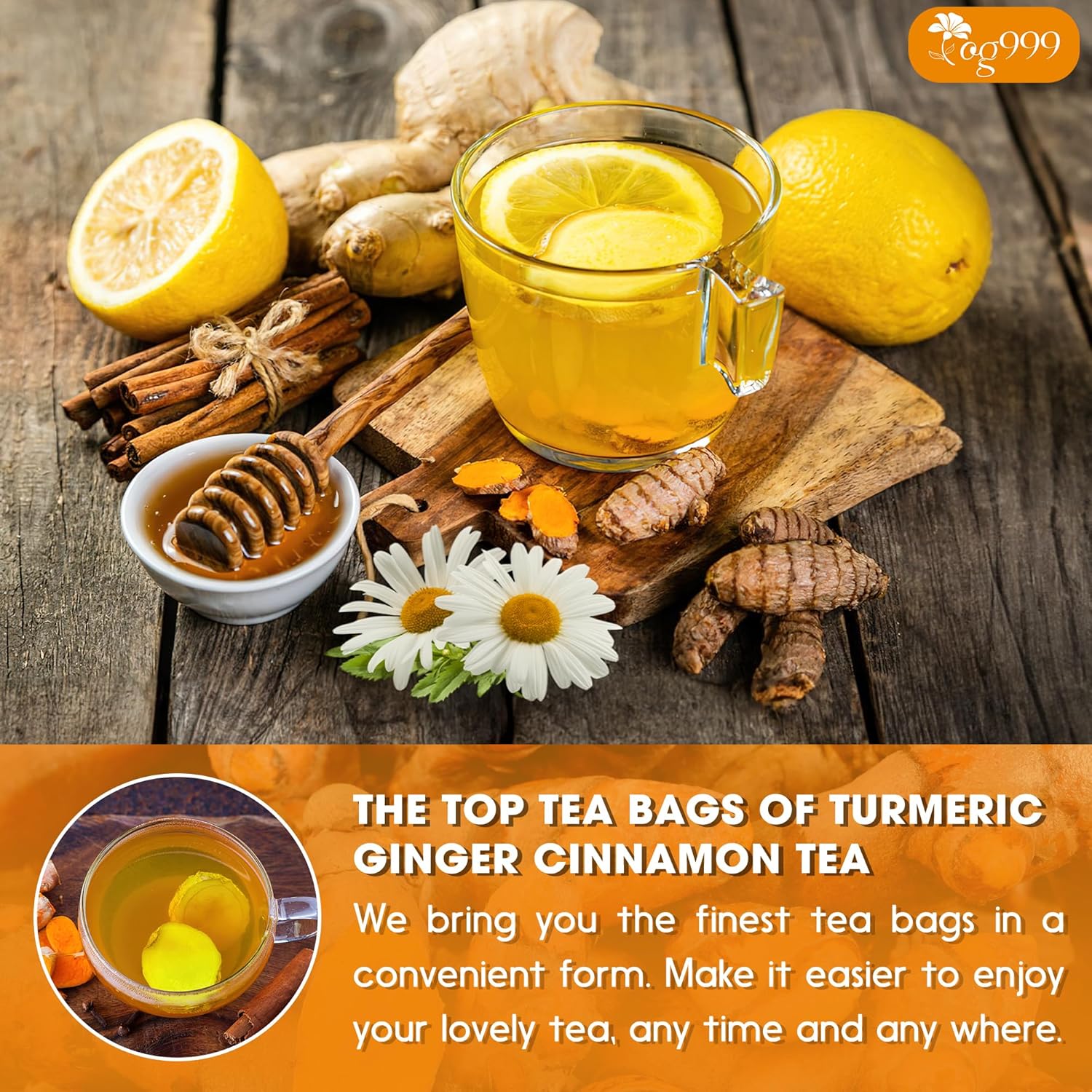 Premium Turmeric, Ginger, Cinnamon &amp; Chamomile Flowers Tea | Improve Digestion, Support Brain, Weight, Skin and Sleep, Eco-Conscious Tea Bags by FreshDrinkUS - Natural and Premium Herbal Tea