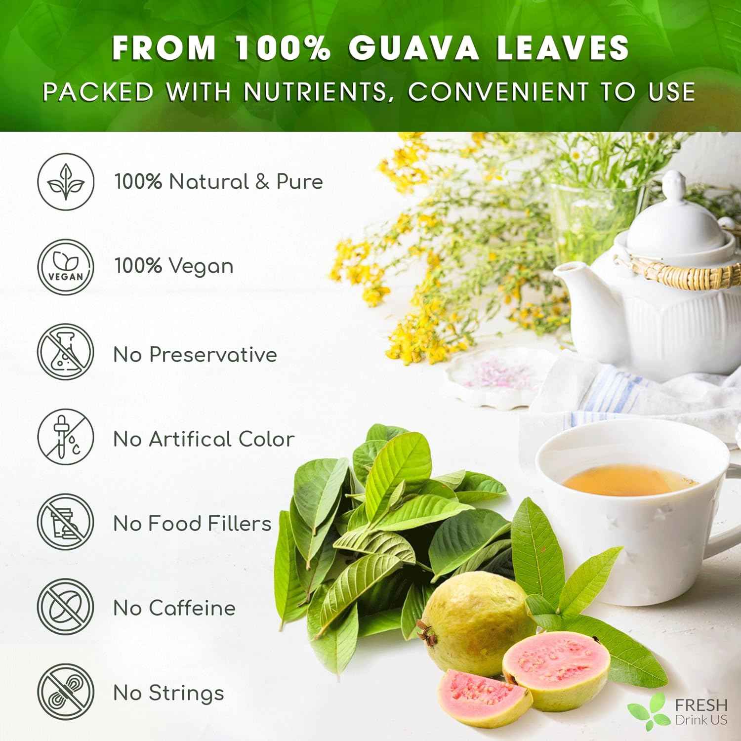 Natural Guava Leaves, Whole Dried Leaves, Cut-and-Sifted Guava leaves, 100% Pure from Guava Leaves, Natural Guava Loose Leaf Herbal Tea, No Additives, No Caffeine, Vegan