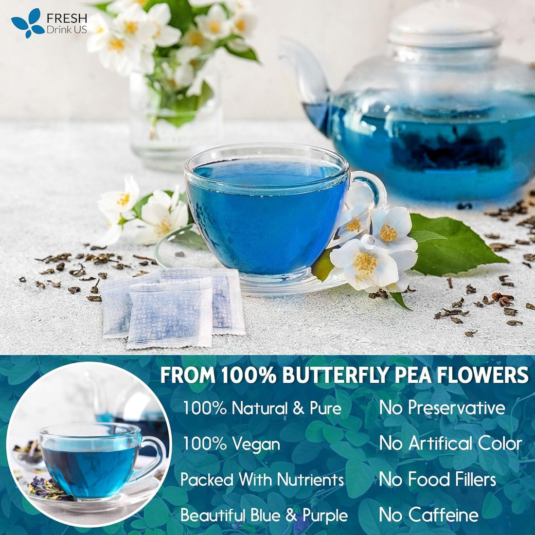 Premium Butterfly Pea Flowers, Tea Bags, 100% Natural and Pure from Butterfly Pea Flowers, Hand-made, Made With Natural Materials-Corn Fiber Tea Bag, Sugar/Caffeine/Gluten Free by FreshDrinkUS - Natural and Premium Herbal Tea