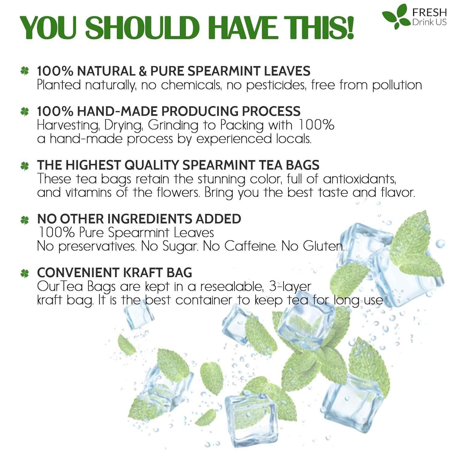 Spearmint Tea Bags, 100% Natural &amp; Pure Spearmint Leaves. Loose Leaf Spearmint Herbal Tea. Spearmint Leaf Tea. No Sugar, No Caffeine, No Gluten, Vegan.