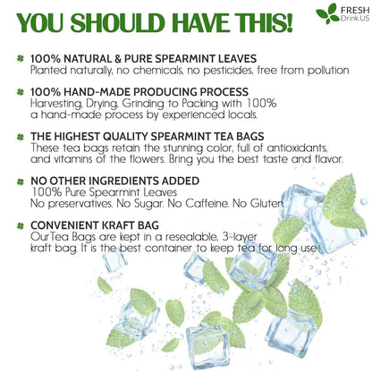 Spearmint Tea Bags, 100% Natural &amp; Pure Spearmint Leaves. Loose Leaf Spearmint Herbal Tea. Spearmint Leaf Tea. No Sugar, No Caffeine, No Gluten, Vegan.