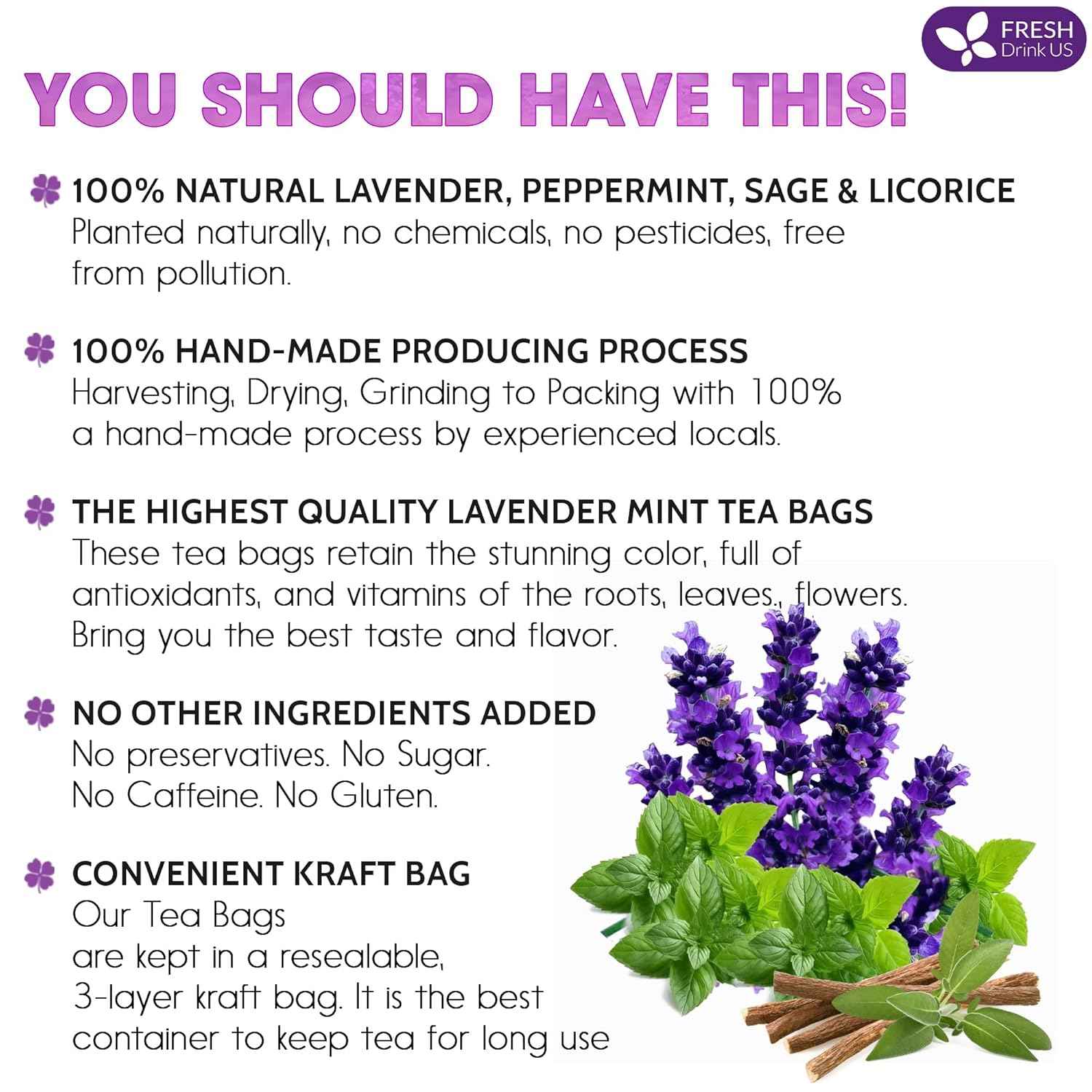 Premium Lavender Mint Tea Bags. 100% Natural, Blend of Lavender, Peppermint, Sage and Licorice.
