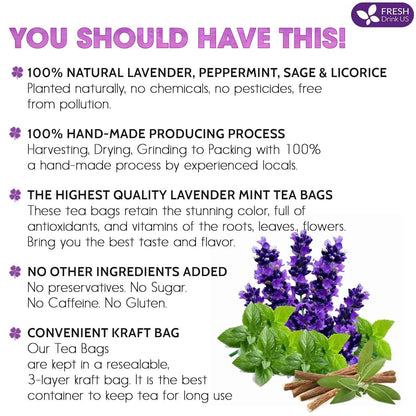 Premium Lavender Mint Tea Bags. 100% Natural, Blend of Lavender, Peppermint, Sage and Licorice.