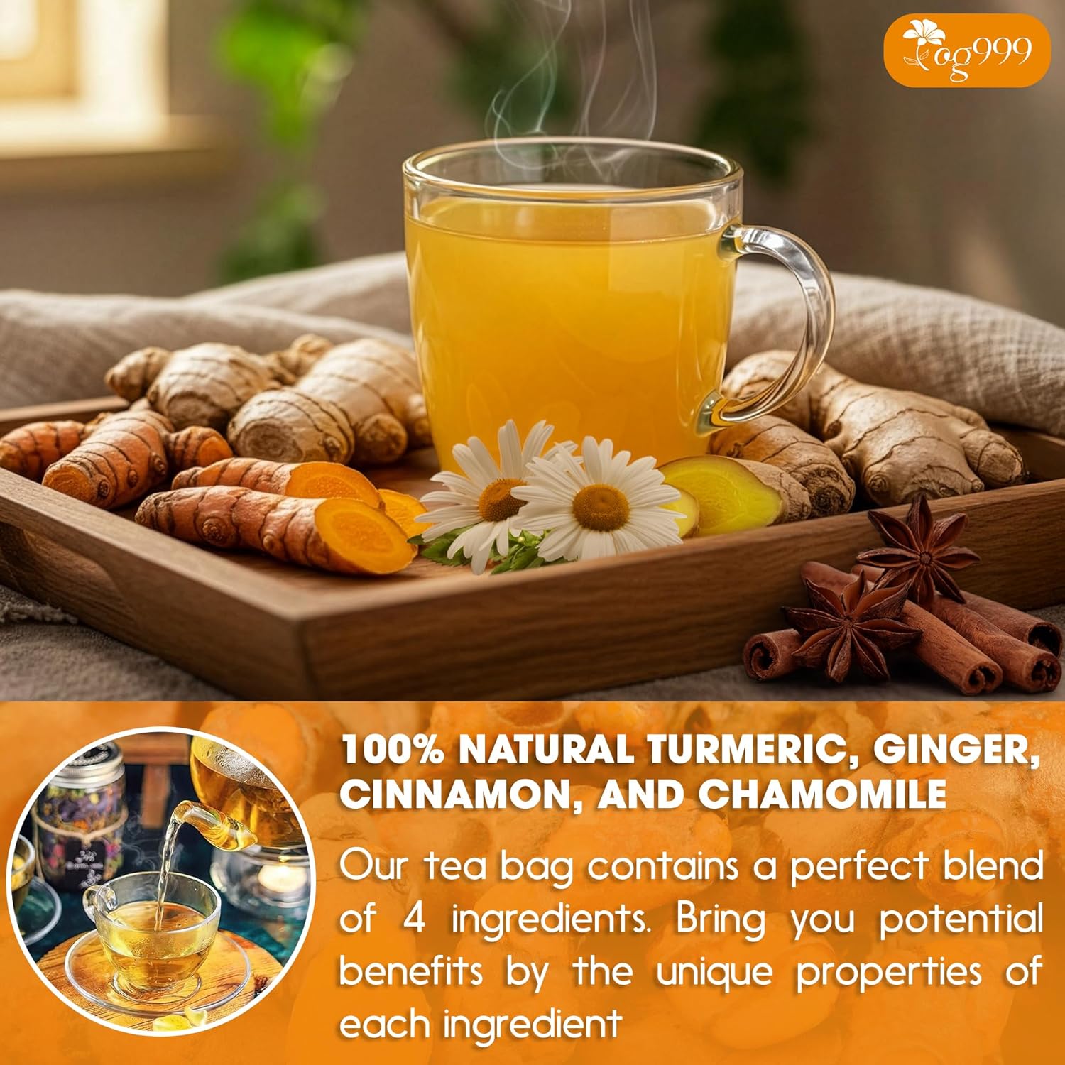 Premium Turmeric, Ginger, Cinnamon &amp; Chamomile Flowers Tea | Improve Digestion, Support Brain, Weight, Skin and Sleep, Eco-Conscious Tea Bags by FreshDrinkUS - Natural and Premium Herbal Tea