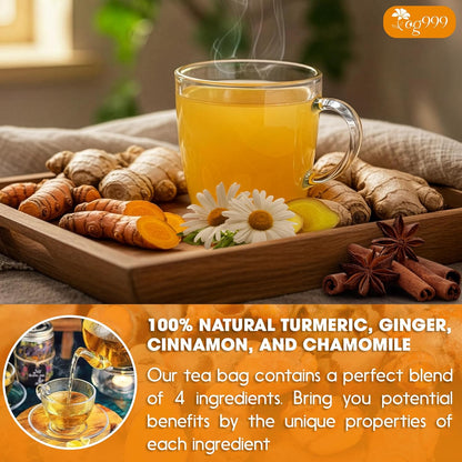 Premium Turmeric, Ginger, Cinnamon &amp; Chamomile Flowers Tea | Improve Digestion, Support Brain, Weight, Skin and Sleep, Eco-Conscious Tea Bags by FreshDrinkUS - Natural and Premium Herbal Tea