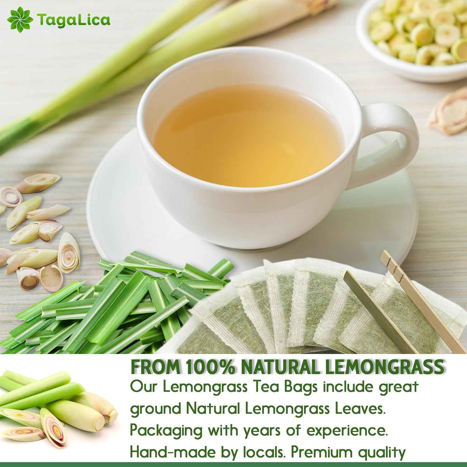 Lemongrass Tea Bags, 100% Natural &amp; Pure Lemongrass leaves, Eco-Conscious Tea Bags, Lemongrass Herbal Tea. Lemongrass Leaf Tea. No Sugar, No Caffeine, No Gluten, Vegan.