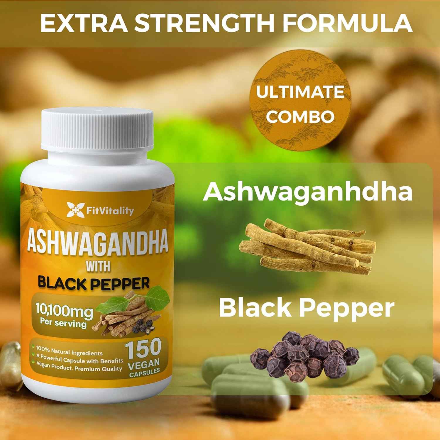 Ashwagandha with Black Pepper Capsules, Non-GMO, Gluten-Free