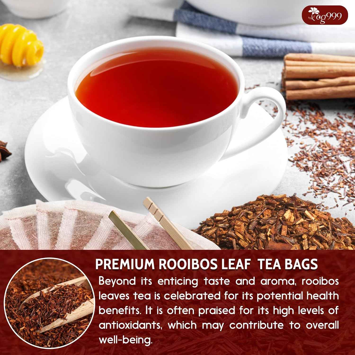 Premium Red Rooibos Tea Bags, 100% Natural &amp; Pure from Rooibos Tea Leaves. Loose Leaf Rooibos Herbal Tea. Made with Natural Material Tea Bags. No Sugar, No Caffeine, No Gluten, Vegan.