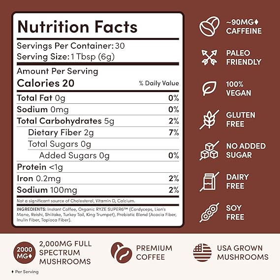 RYZE SUPERFOODS Mushroom Coffee Dark Roast, 6 Adaptogenic Mushrooms &amp; Prebiotic Blend, Instant Coffee Supports Energy, Focus, Digestion &amp; Immunity, Lions Mane &amp; Turkey Tail, 30 Servings.  DestGlow