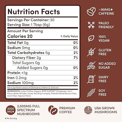RYZE SUPERFOODS Mushroom Coffee Dark Roast, 6 Adaptogenic Mushrooms &amp; Prebiotic Blend, Instant Coffee Supports Energy, Focus, Digestion &amp; Immunity, Lions Mane &amp; Turkey Tail, 30 Servings.  DestGlow