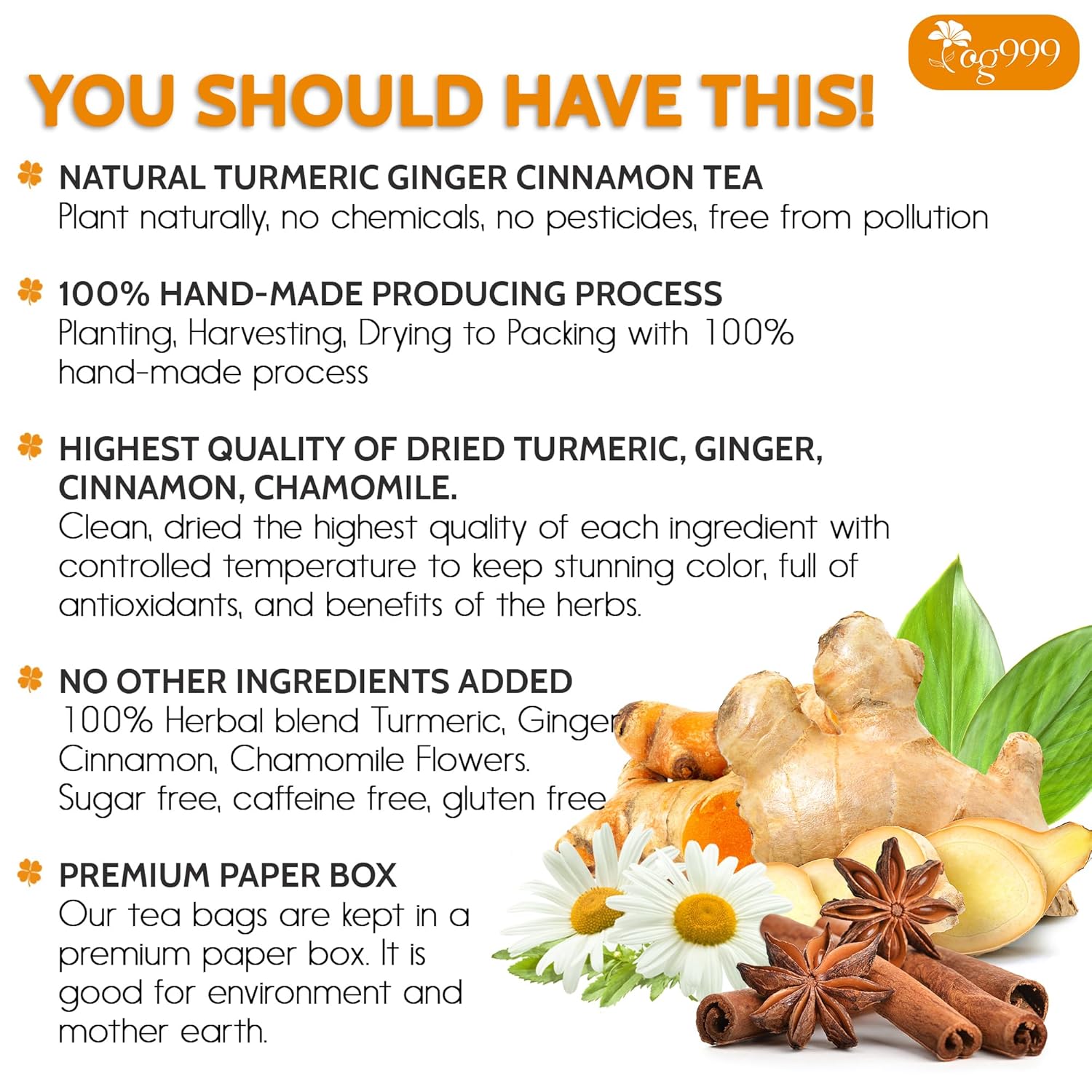 Premium Turmeric, Ginger, Cinnamon &amp; Chamomile Flowers Tea | Improve Digestion, Support Brain, Weight, Skin and Sleep, Eco-Conscious Tea Bags by FreshDrinkUS - Natural and Premium Herbal Tea