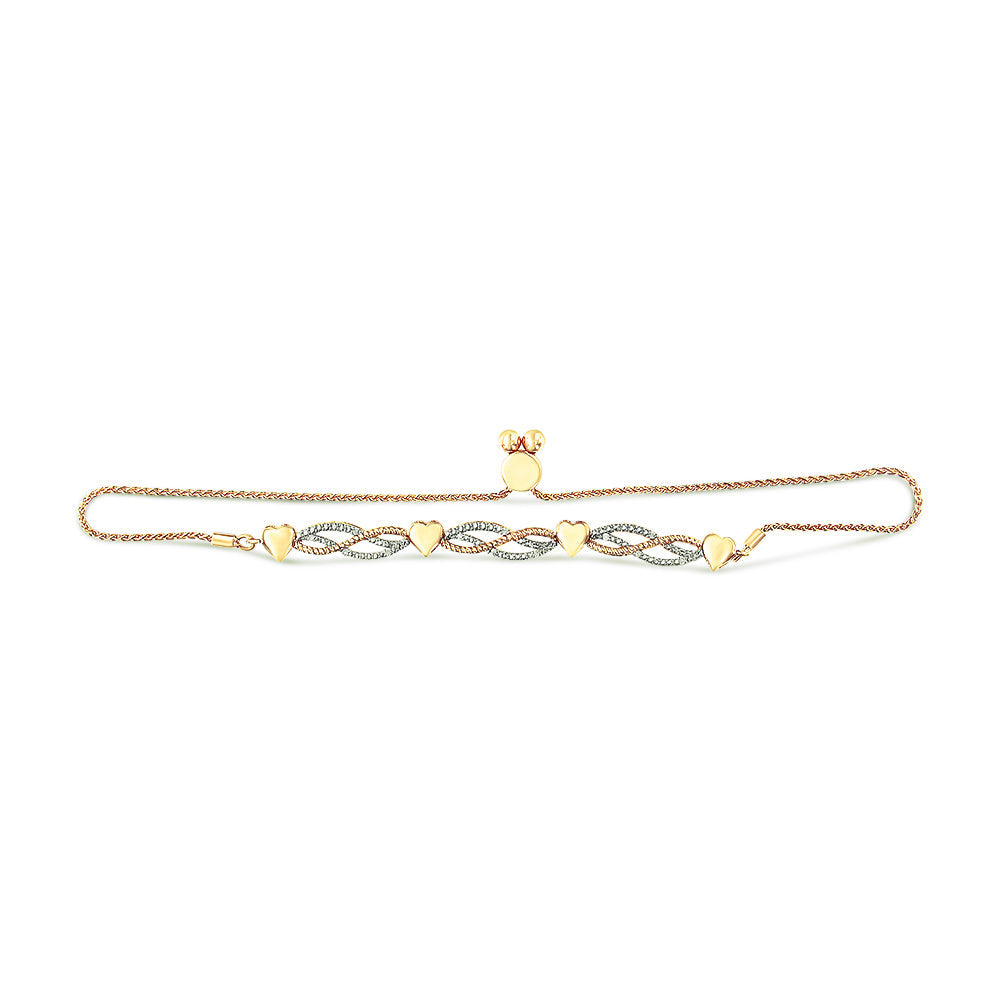 14K Yellow Gold Plated .925 Sterling Silver 1/10 Cttw Diamond Wave and Hearts Bolo Bracelet (I-J Color, I2-I3 Clarity) - 4"-10" Adjustable  DestGlow