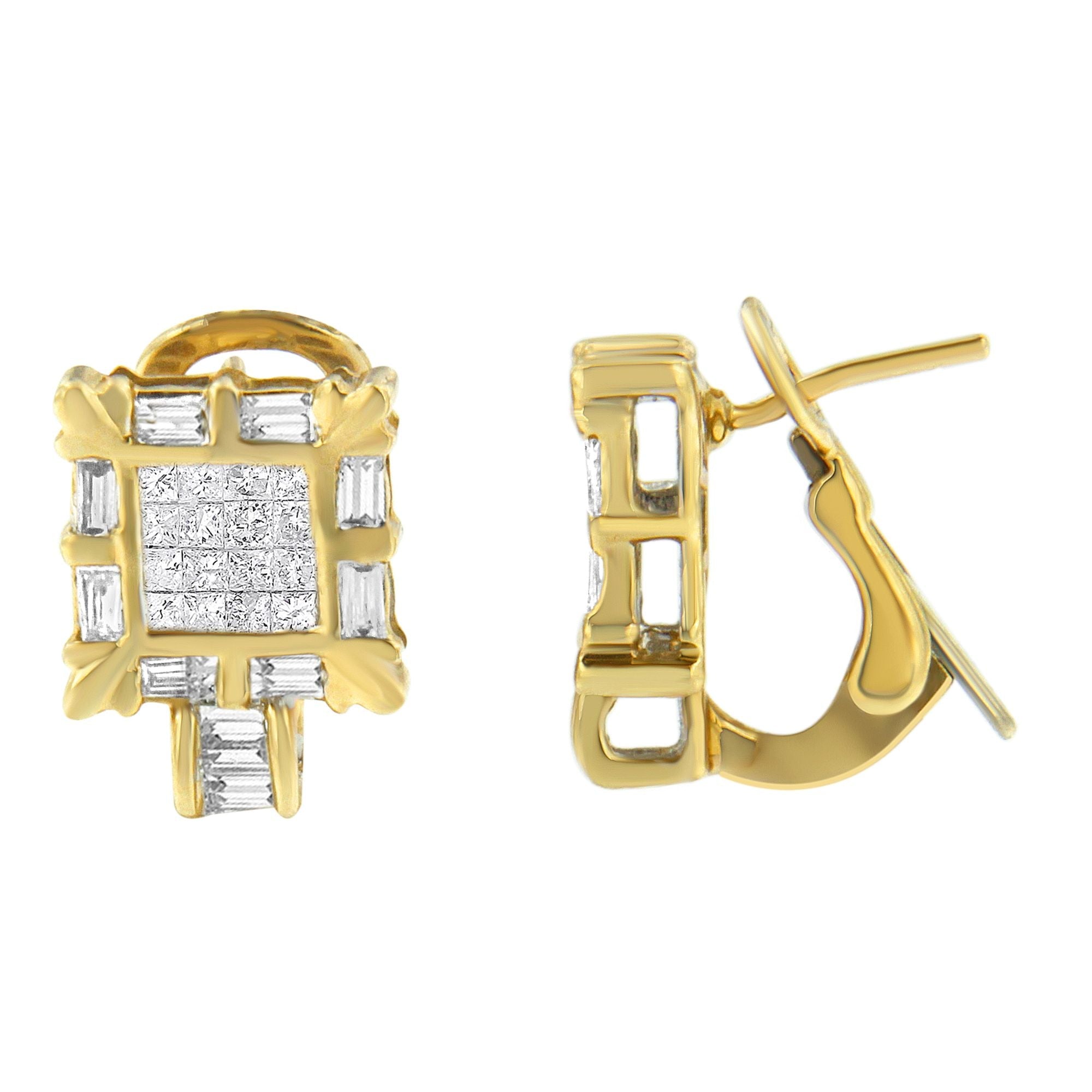 14K Yellow Gold 7/8 Cttw Princess and Baguette-Cut Diamond Square Framed Huggie Hoop Omega Earrings (H-I Color, SI1-SI2 Clarity) by Bids.com