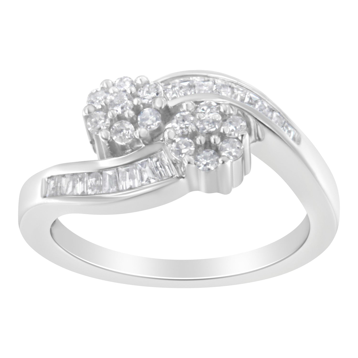 14K White Gold Round and Baguette Diamond Bypass Ring (1/2 cttw, H-I Color, I1-I2 Clarity) - Ring Size 6 by Bids.com