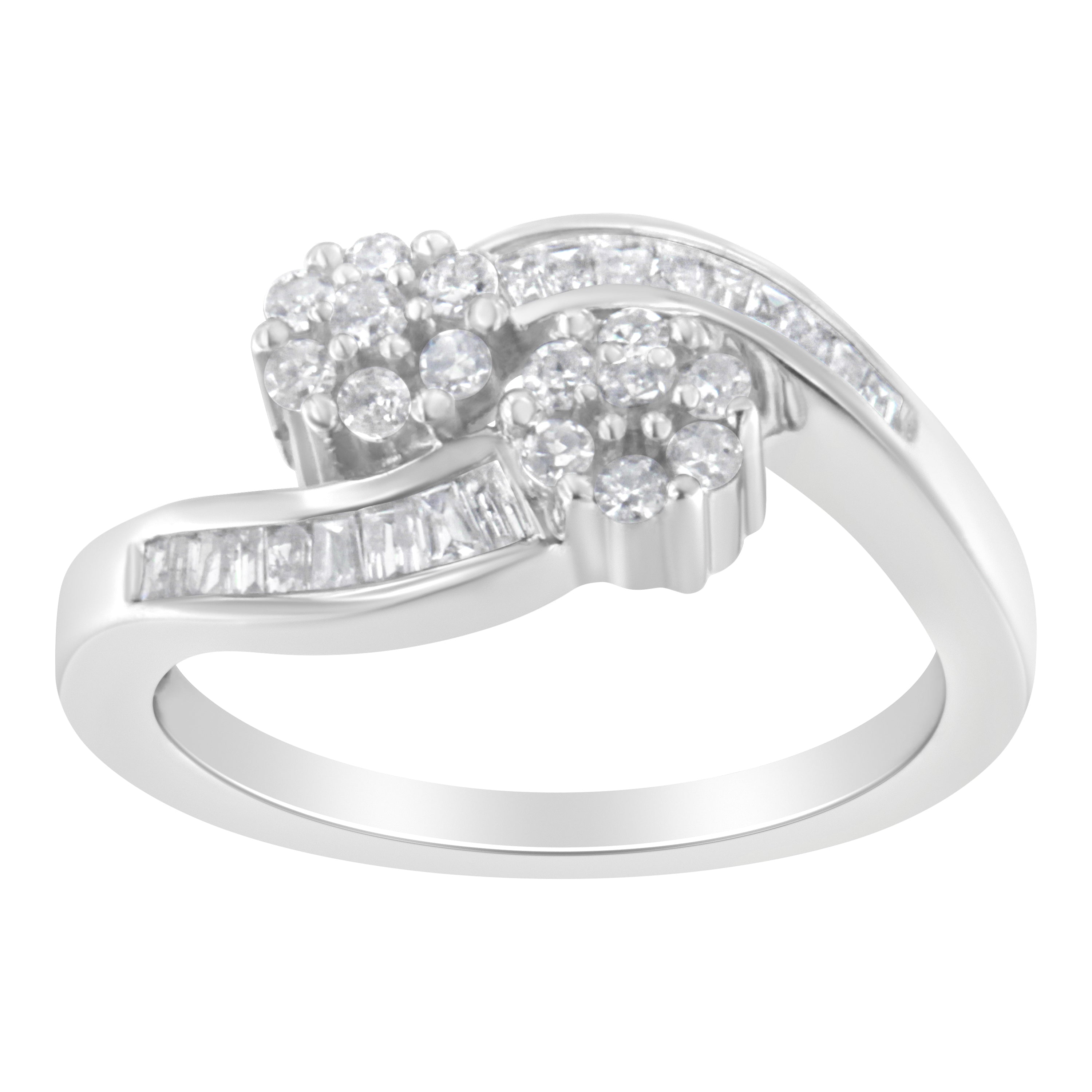 14K White Gold Round and Baguette Diamond Bypass Ring (1/2 cttw, H-I Color, I1-I2 Clarity) - Ring Size 6 by Bids.com