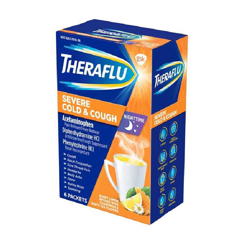 Theraflu Severe Cold &amp; Cough Powder Packets Nighttime Honey Lemon Infused With Chamomile &amp; White Tea Flavors