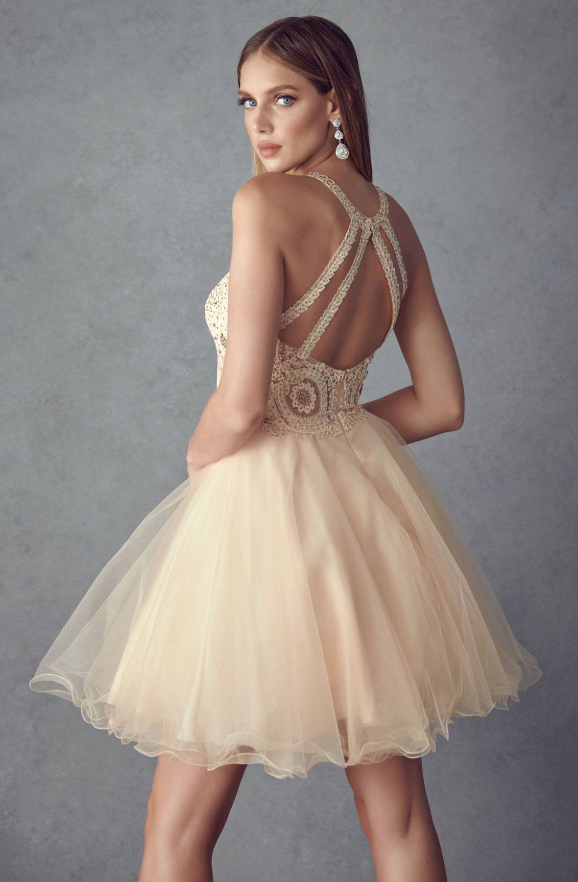 Juliet 826 Fit-and-Flare Halter Neck Short Party Dress by DiscountDressShop