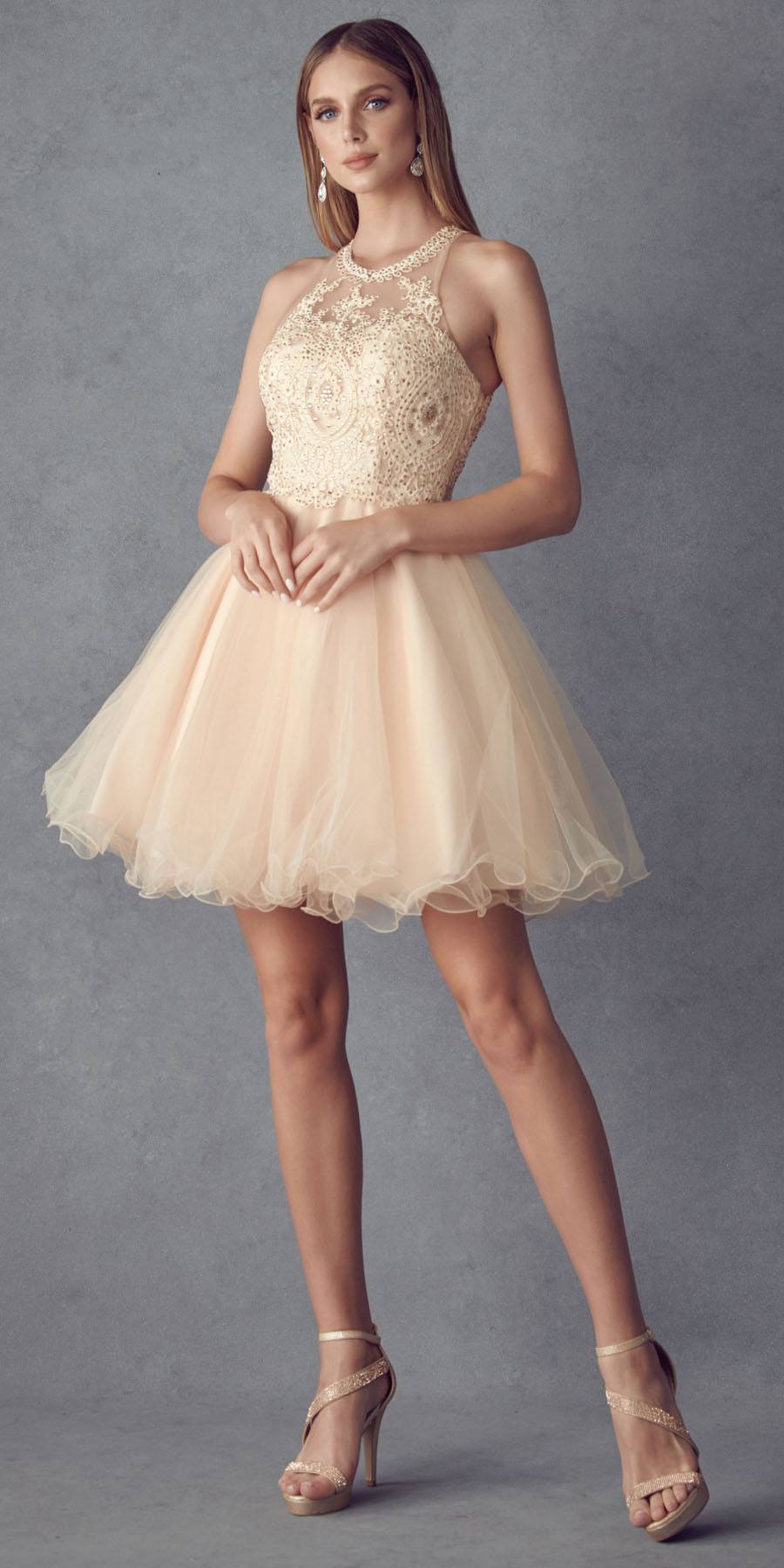 Juliet 826 Fit-and-Flare Halter Neck Short Party Dress by DiscountDressShop
