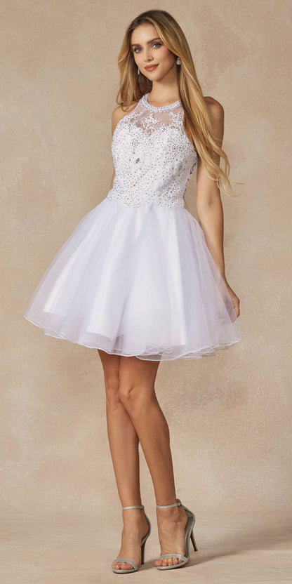 Juliet 826 Fit-and-Flare Halter Neck Short Party Dress by DiscountDressShop