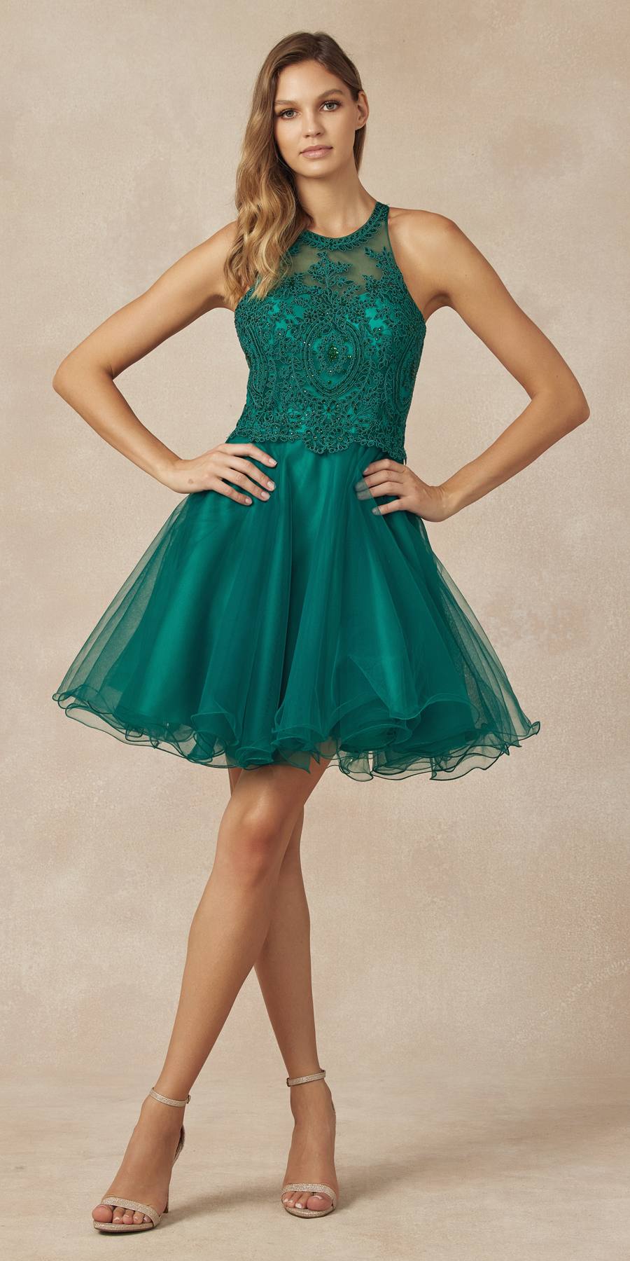 Juliet 826 Fit-and-Flare Halter Neck Short Party Dress by DiscountDressShop