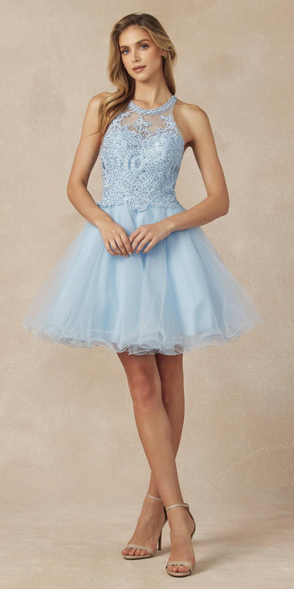 Juliet 826 Fit-and-Flare Halter Neck Short Party Dress by DiscountDressShop
