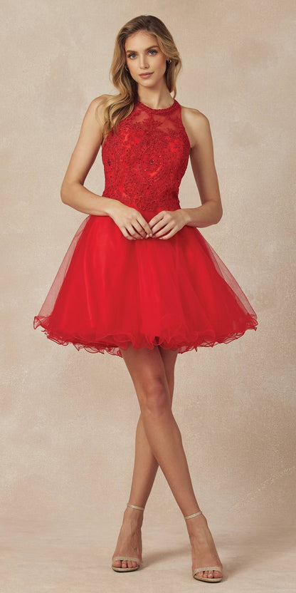 Juliet 826 Fit-and-Flare Halter Neck Short Party Dress by DiscountDressShop