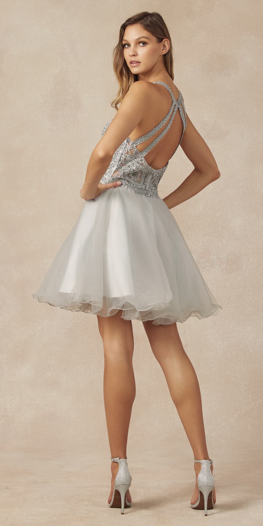 Juliet 826 Fit-and-Flare Halter Neck Short Party Dress by DiscountDressShop