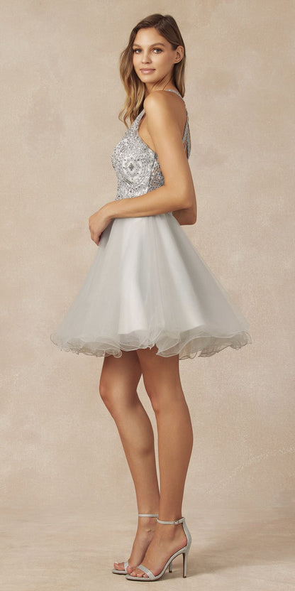 Juliet 826 Fit-and-Flare Halter Neck Short Party Dress by DiscountDressShop