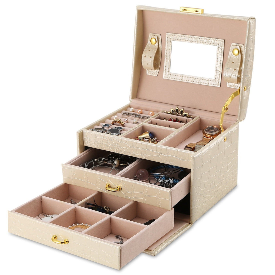 Jewelry Case Organizer 3-layer Lockable Travel Jewelry Box PU Leather Storage Display Case with Mirror Protective for Bracelets Earrings Rings Necklac 