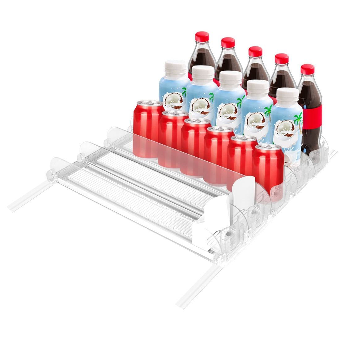 Drink Organizer for Fridge Spring Loaded Beverage Dispenser Width Adjustable Drink Holder with Automatic Pusher Glide 5 Rows Hold up to 25 Cans Bottle 