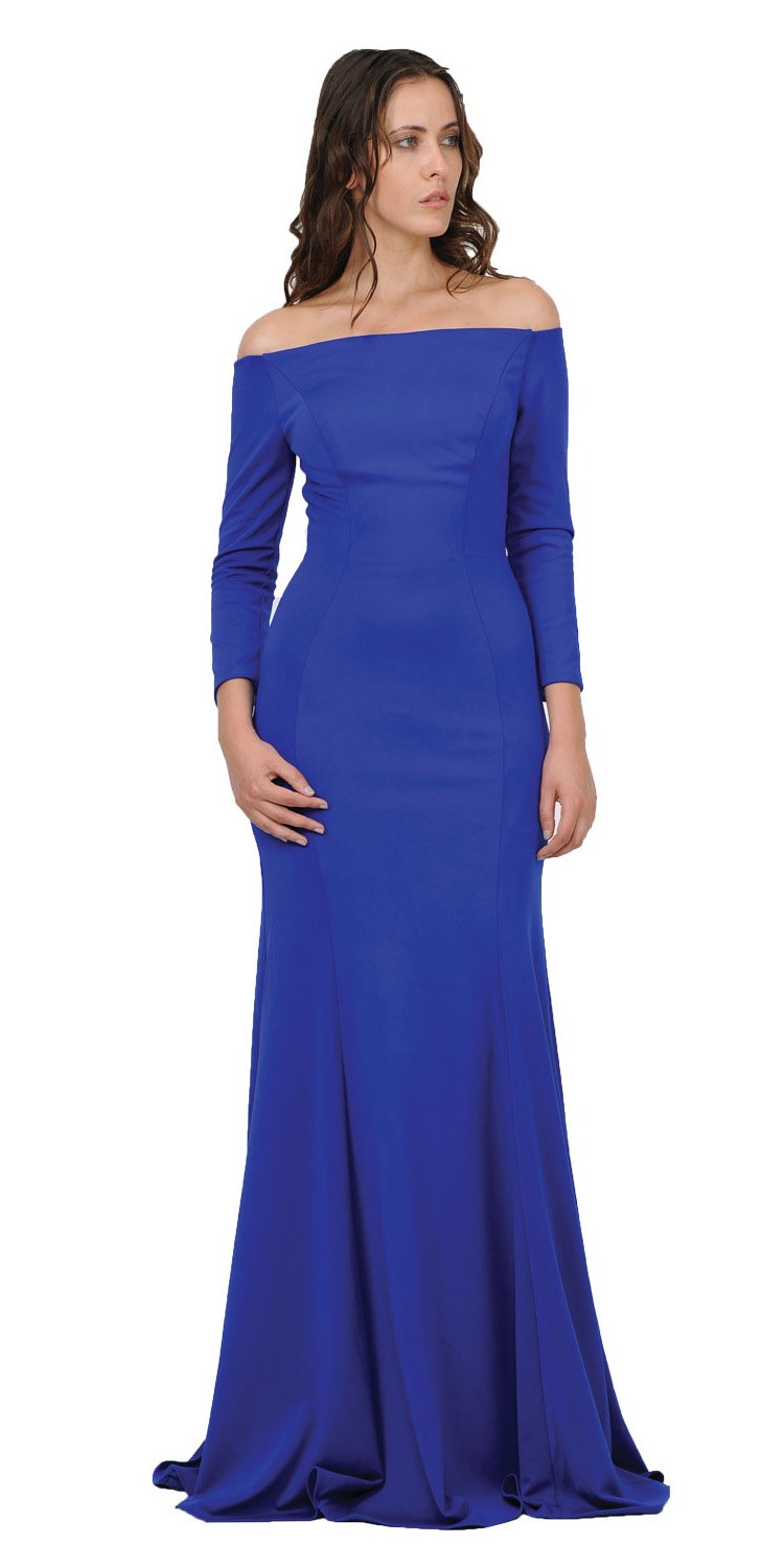 CLEARANCE - Poly USA | Ed Young 8378 Off-Shoulder Long Dress with Long Sleeves (Size M) by DiscountDressShop