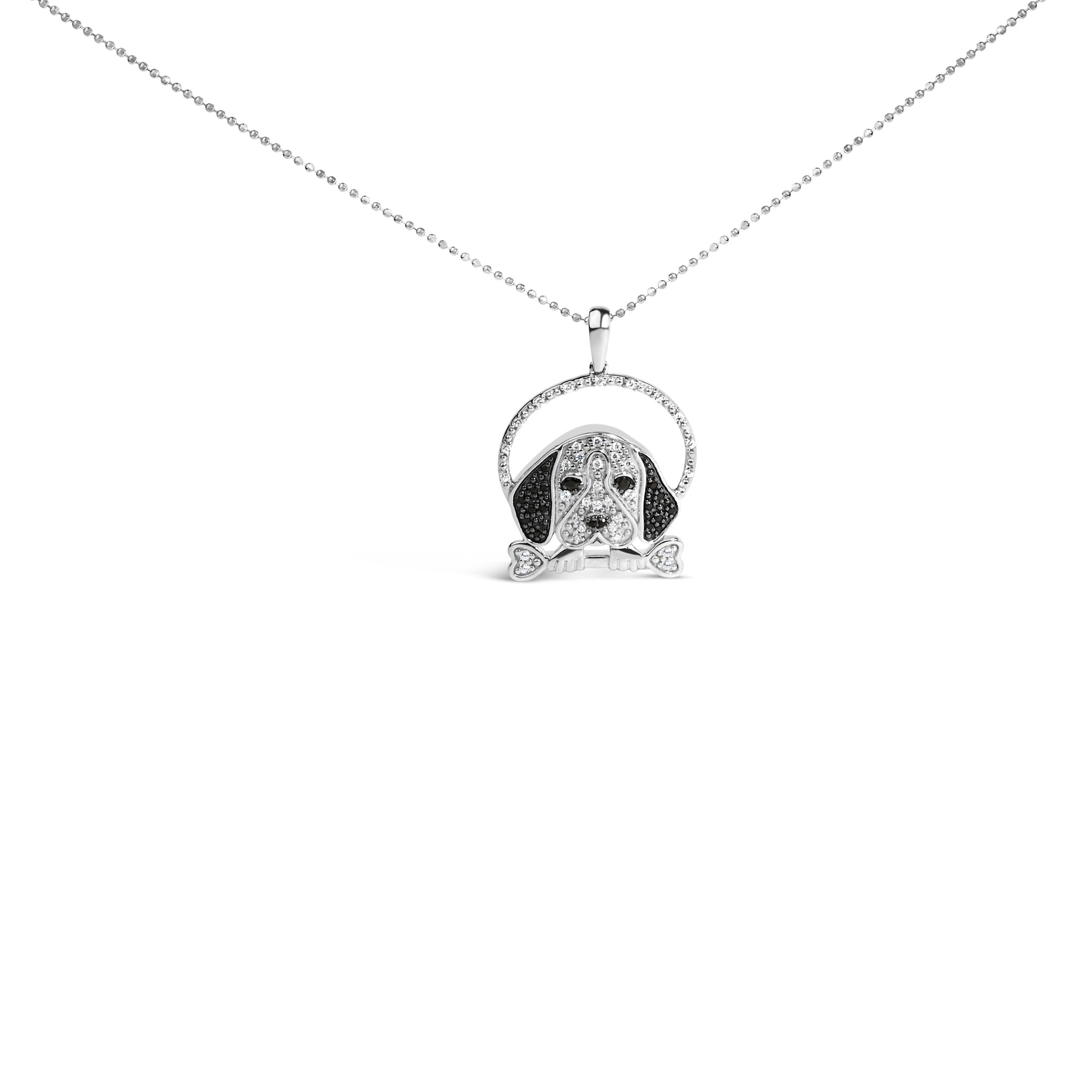 .925 Sterling Silver 1/4 Cttw White and Black Diamond Beagle Dog and Bone Pendant Necklace (I-J Color, I2-I3 Clarity) - 18" Inches by Bids.com