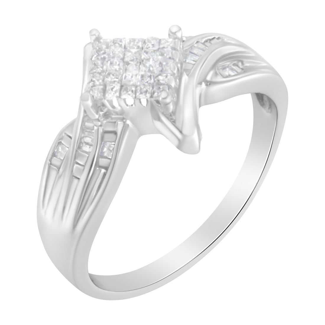 10K White Gold 1/3 Cttw Princess and Baguette Cut Diamond Bypass Style Cocktail Ring (I-J Color, I1-I2 Clarity) - Size 4 by Bids.com