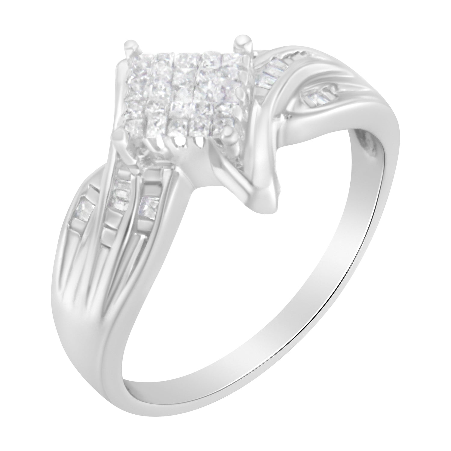10K White Gold 1/3 Cttw Princess and Baguette Cut Diamond Bypass Style Cocktail Ring (I-J Color, I1-I2 Clarity) - Size 4 by Bids.com