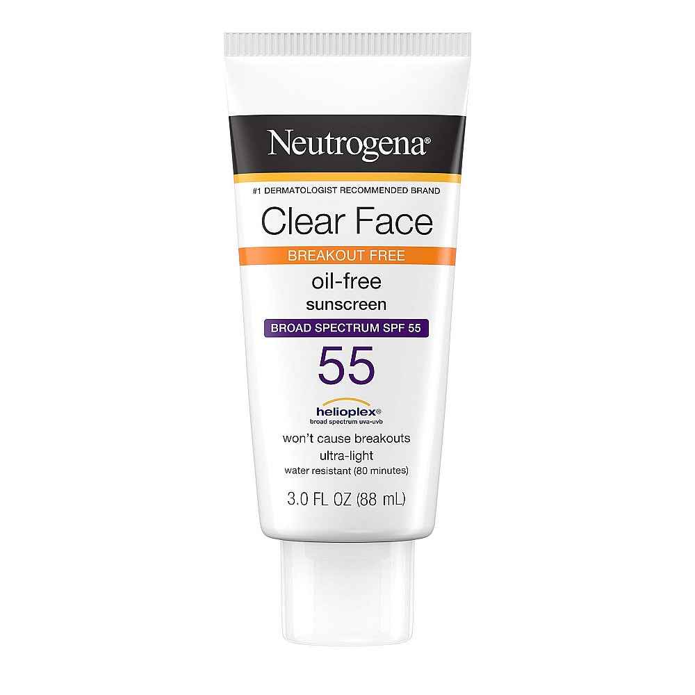 Neutrogena Clear Face Liquid Lotion Sunscreen For Acne-Prone Skin, Broad Spectrum SPF 50 UVA/UVB Protection, Oil-, Fragrance- &amp; Oxybenzone-Free Facial Sunscreen, Non-Comedogenic, 3 Fl. Oz