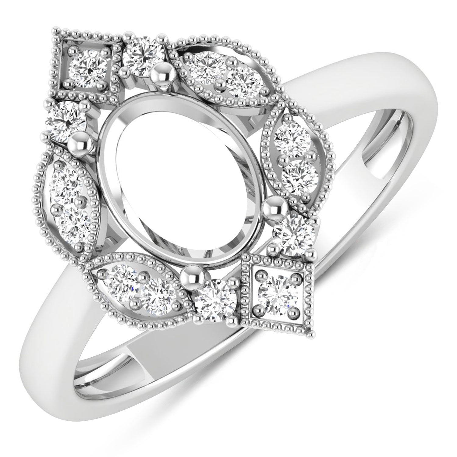 0.20 Carat Genuine White Diamond 14K White Gold Semi Mount Ring - holds 8x6mm Oval Gemstone by Bids.com
