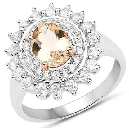 Two Tone Plated 2.30 Carat Genuine Peach Morganite and White Zircon .925 Sterling Silver Ring by Bids.com