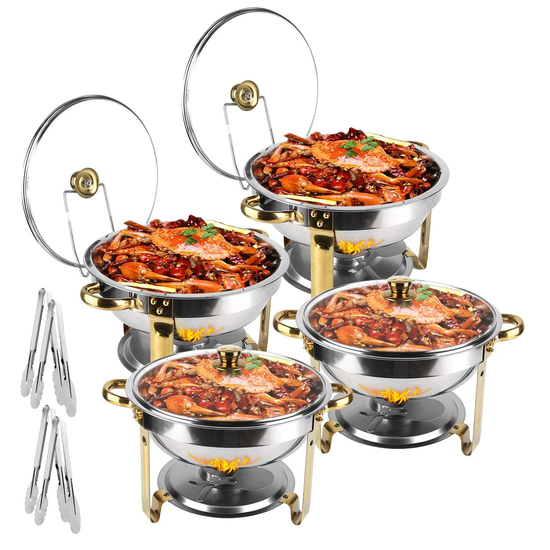 4Pcs Chafing Dish Buffet Set 4.76QT Round Buffet Servers Food Warmer Stainless Steel Catering Chafer with Glass Lid for Warming Cooling Gatherings Ban 