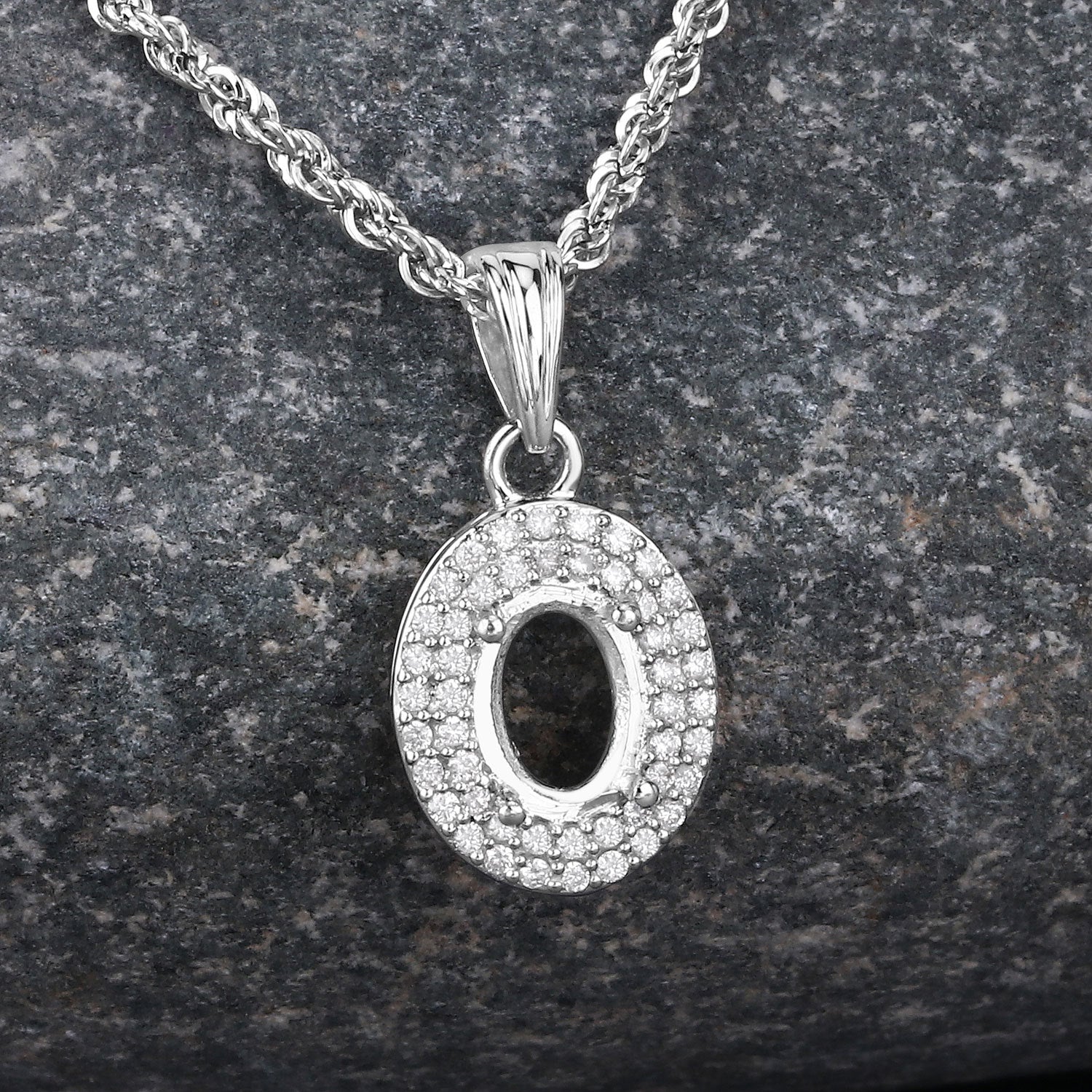 0.17 Carat Genuine White Diamond 14K White Gold Semi Mount Pendant - holds 7x5mm Oval Gemstone  DestGlow