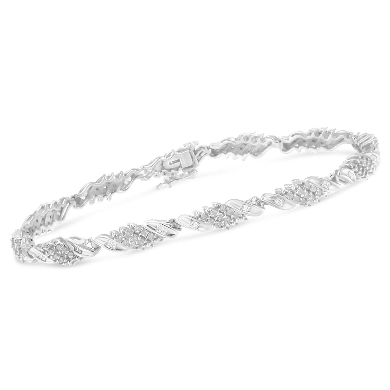 .925 Sterling Silver 1-1/2 Cttw Round and Baguette Cut Diamond Wave Link Bracelet (I-J Color, I2-I3 Clarity) - 7" by Bids.com