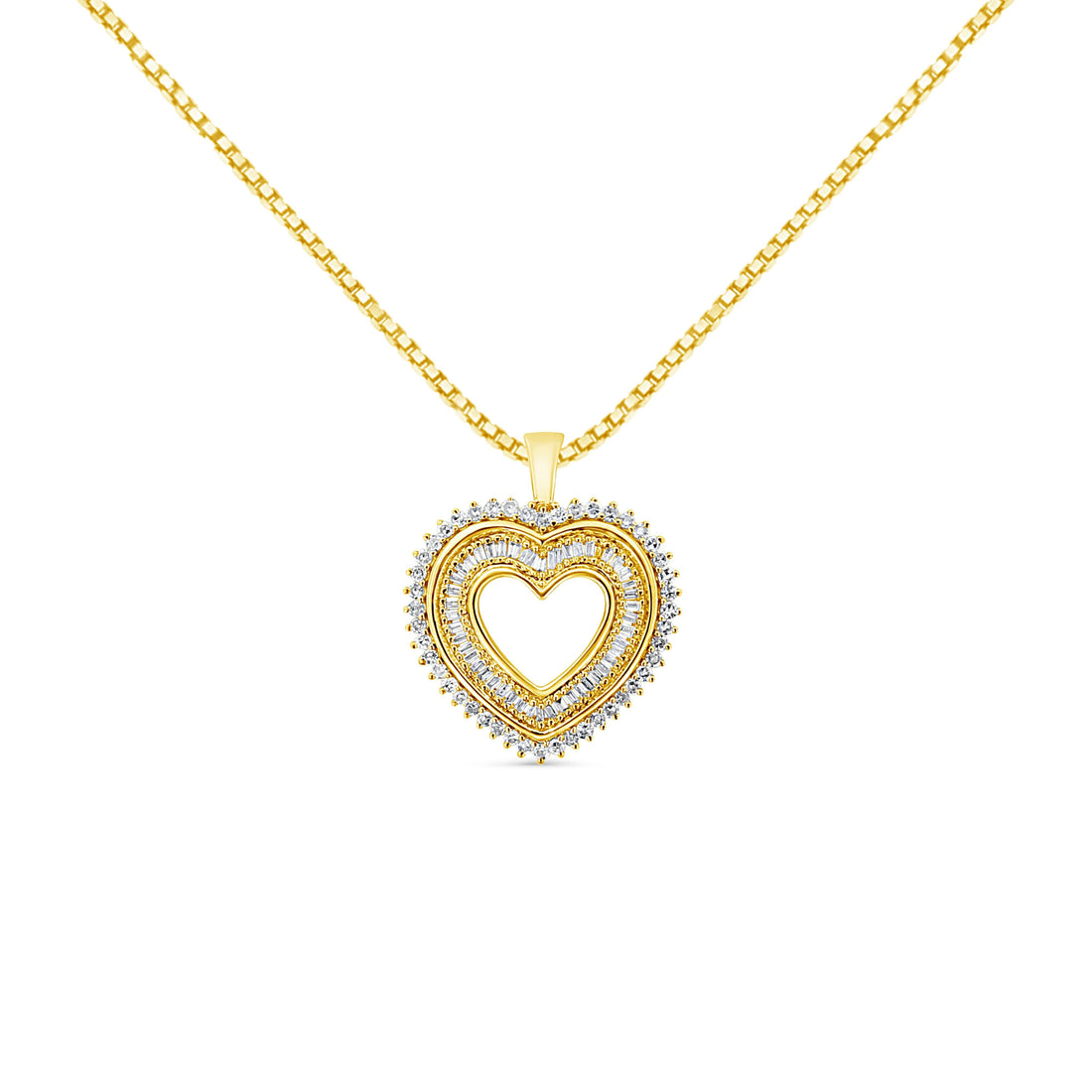 14K Yellow Gold Plated .925 Sterling Silver 1.0 Cttw Round and Baguette-Cut Diamond Composite Hearth 18" Pendant Necklace (I-J Color, I1-I2 Clarity)  DestGlow
