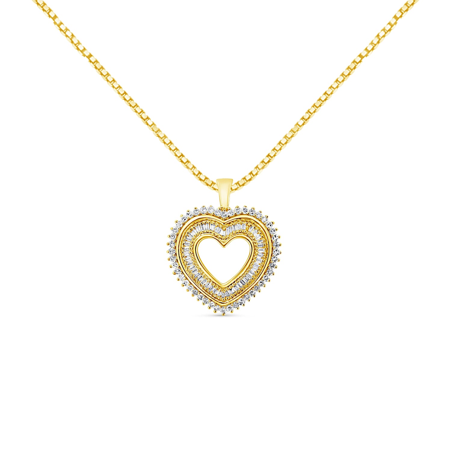 14K Yellow Gold Plated .925 Sterling Silver 1.0 Cttw Round and Baguette-Cut Diamond Composite Hearth 18" Pendant Necklace (I-J Color, I1-I2 Clarity)  DestGlow