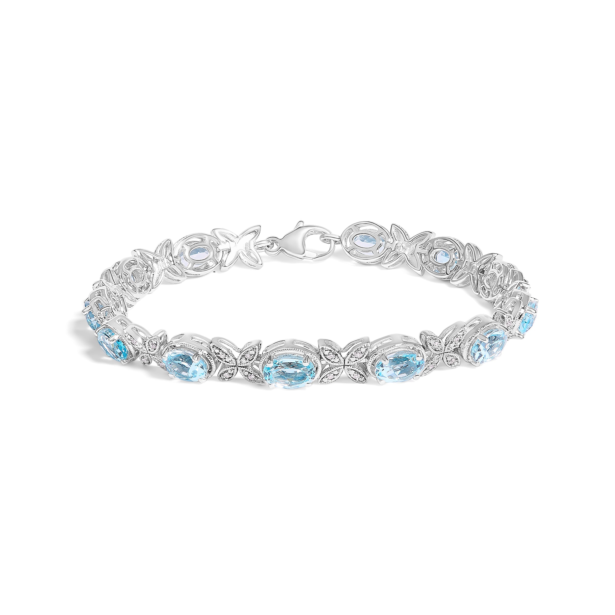 .925 Sterling Silver Oval Blue Topaz Diamond Butterfly Link Bracelet (I-J Color, I1-I2 Clarity) - Size 7" Inches by Bids.com