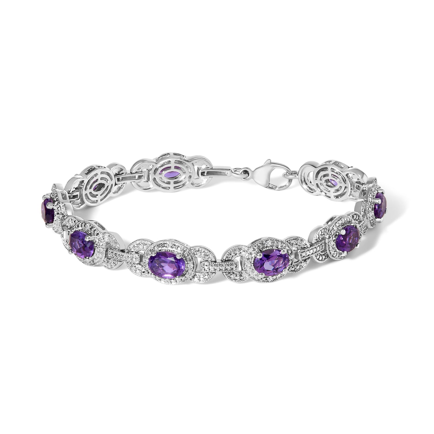 Sterling Silver Oval Purple Amethyst and Diamond Interlocking Halo Link Bracelet by Bids.com
