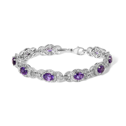Sterling Silver Oval Purple Amethyst and Diamond Interlocking Halo Link Bracelet by Bids.com