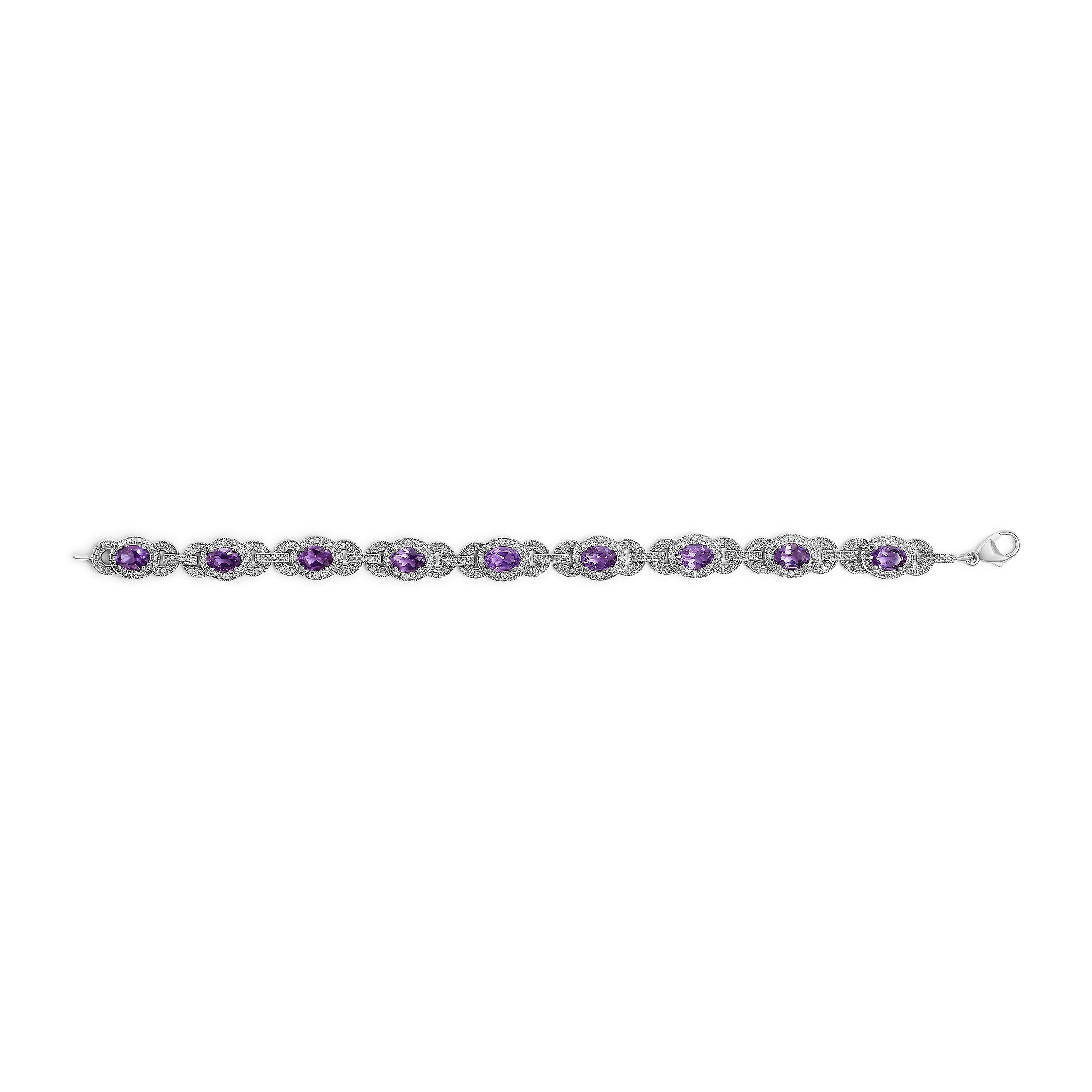 Sterling Silver Oval Purple Amethyst and Diamond Interlocking Halo Link Bracelet by Bids.com