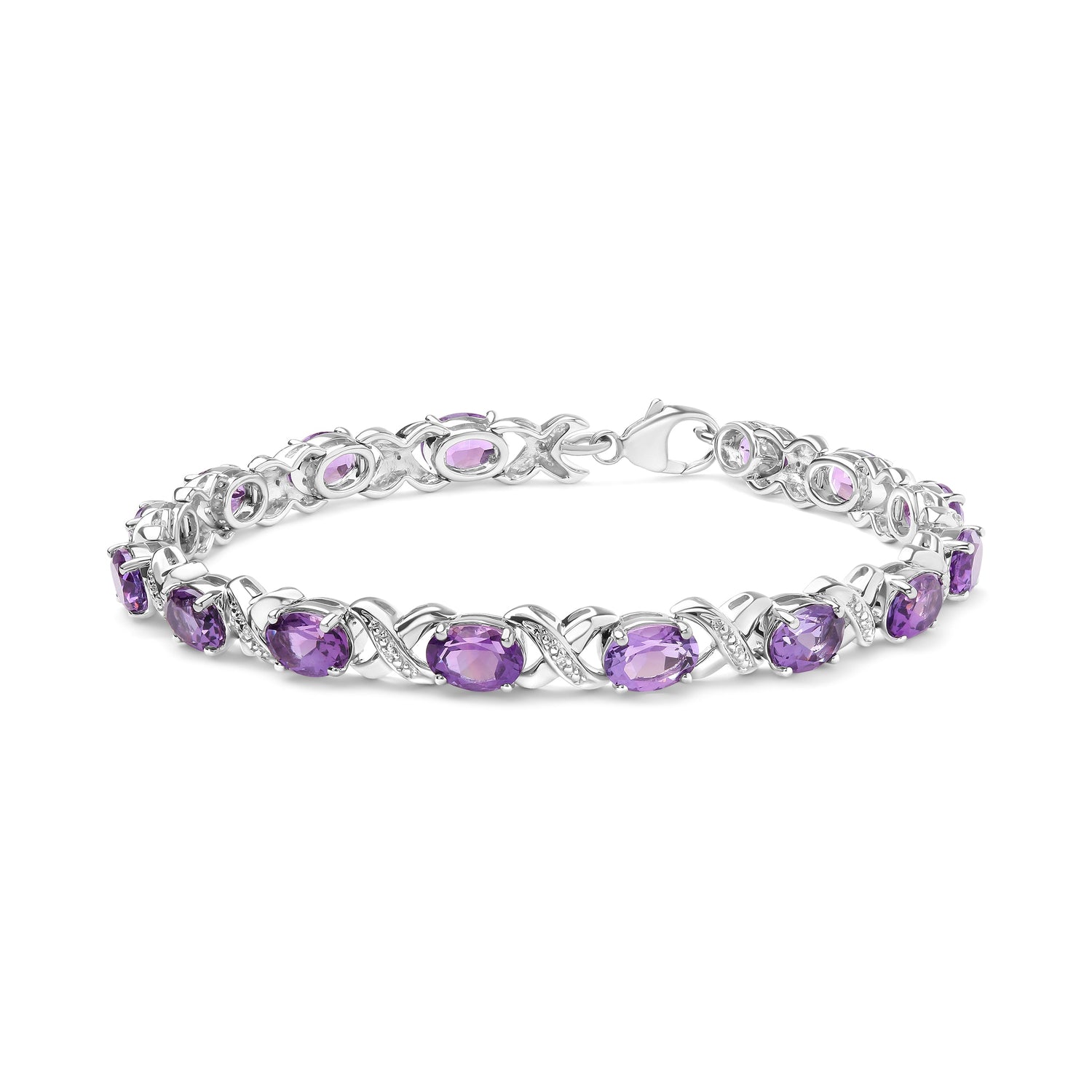 .925 Sterling Silver 7x5mm Oval Amethyst and Diamond Accent X-Link Bracelet (H-I Color, SI1-SI2 Clarity)  - Size 7"  DestGlow