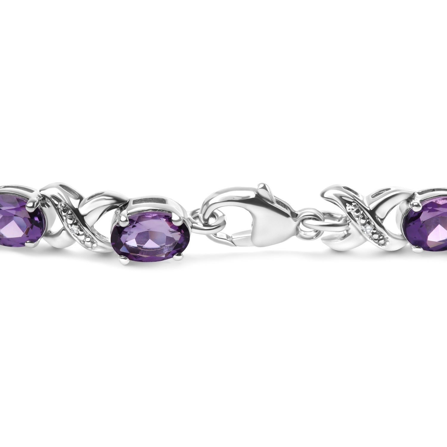 .925 Sterling Silver 7x5mm Oval Amethyst and Diamond Accent X-Link Bracelet (H-I Color, SI1-SI2 Clarity)  - Size 7"  DestGlow