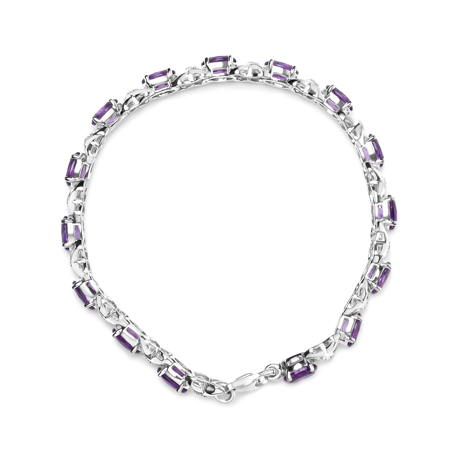 .925 Sterling Silver 7x5mm Oval Amethyst and Diamond Accent X-Link Bracelet (H-I Color, SI1-SI2 Clarity)  - Size 7"  DestGlow