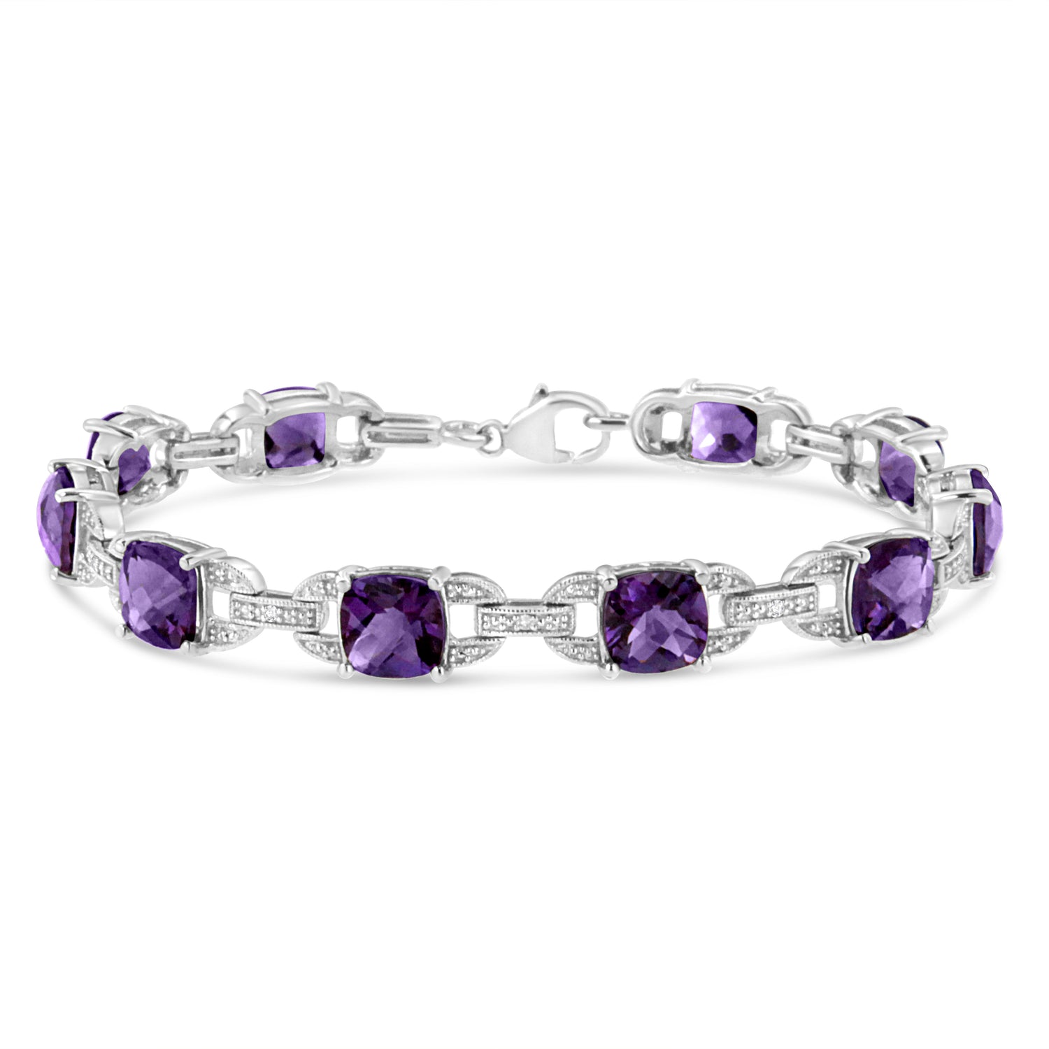 .925 Sterling Silver 7mm Cushion Cut Amethyst Gemstone and Diamond Tennis Link Bracelet (I-J Color, I1-I2 Clarity) - Size 7" by Bids.com